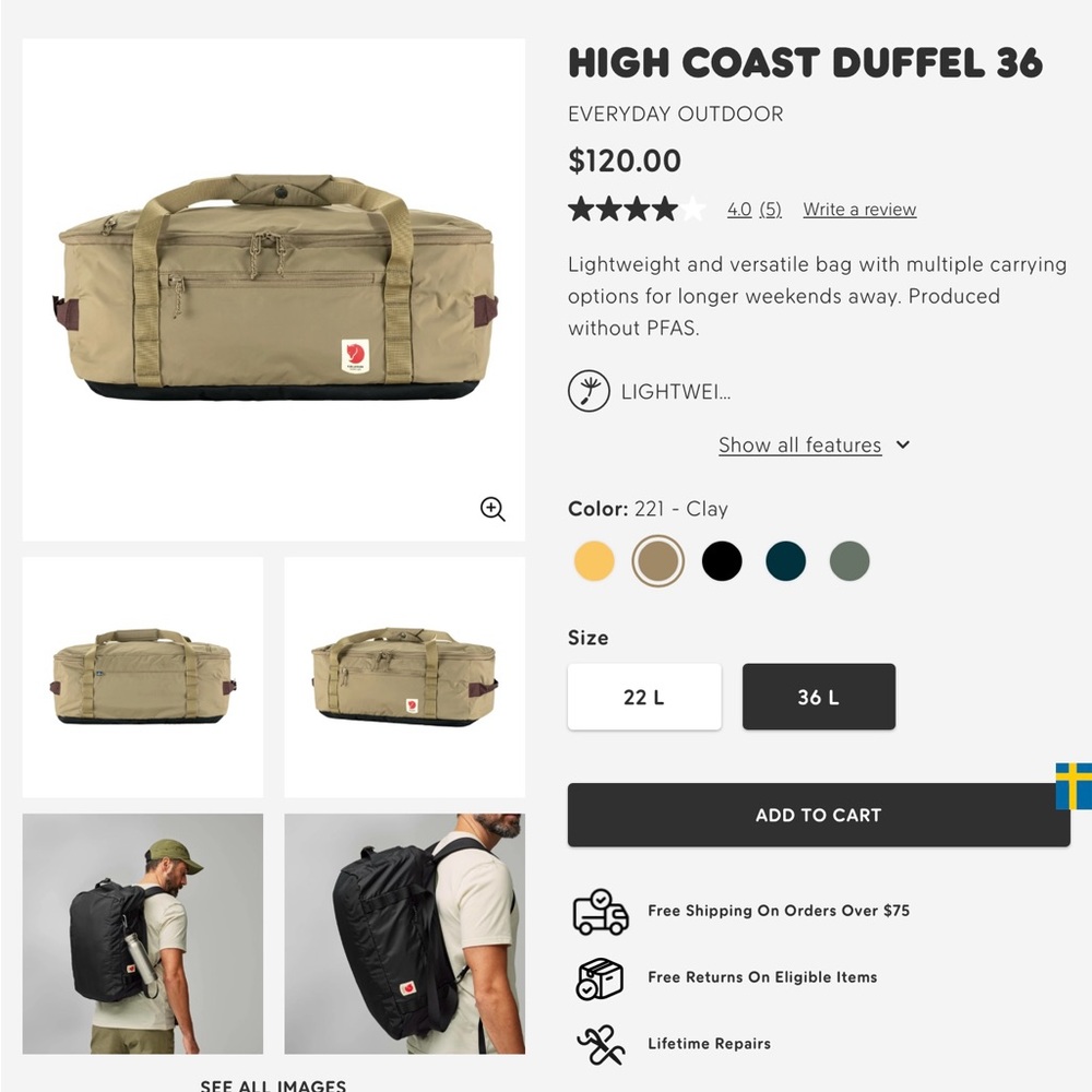 Fjallraven High Coast Duffel 36L with backpack option Clay